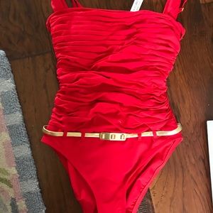 bleu rod beattie swim red swimsuit with gold belt